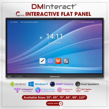 DMInteract C Series 55" 4K Interactive Flat Panel Display With Built-In 48MP Camera, 8 Array Microphone, NFC & Fingerprint Security, 10W Dual Speakers, 8GB RAM 128GB ROM, Android 14