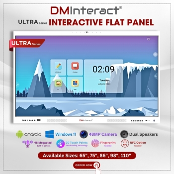 DMInteract Ultra Series 75" 4K+8K Upto 40 Touch Point With Built-In 48MP Camera, 8 Array Microphone, 20W Dual Speakers, NFC & Fingerprint Smart Interactive Flat Panel Display With 16GB RAM 256GB ROM Android 13 And OPS Module (Optional)